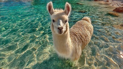 Canvas Print -   A detailed depiction of a llama immersed in water surrounded by stones, while the sky is visible behind it