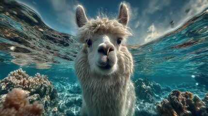 Canvas Print -   A close-up of a llama swimming in a body of water surrounded by rocks and corals