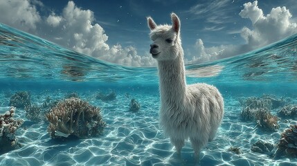 Canvas Print -   A majestic white llama gracefully stands in a serene body of water beneath a captivating blue sky adorned with fluffy clouds