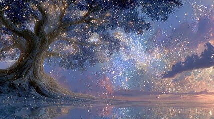 Wall Mural -  Tree in Lake with Starry Sky