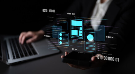 UI UX mockup showing application layout, structure, and code interface. UI design defines user flow, UI design improves clarity, UI design enhances experience, and UX design supports logic. Latch