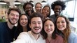 © Johannes - Multicultural happy people taking group selfie portrait in the office, diverse people celebrating together, Happy lifestyle and teamwork concept