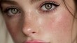 © Johannes - Closeup of a model s face showcasing a natural barely there makeup look with sheer pink lipgloss pale blush and minimal black eyeliner for a soft elegant and feminine aesthetic
