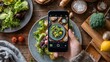 © Johannes - Hand taking a photo of Healthy food with smartphone. Woman using phone mobile apps make digital picture on screen of diet nutrition Vegetarian salad on table, top view