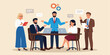 © LM - Business Discussion Concept. Vector flat style illustration of a group of diverse smiling people in business outfits with gears on top talking to each other.