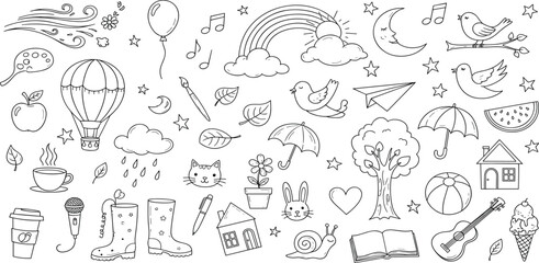 Cute kid background line tree, cloud, flower icon. Hand drawn doodle sketch kid art element set. Flower, heart, cloud children draw style 