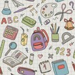 © Xeniya - Cartoon back to school supplies seamless pattern, hand draw school tools, grid background