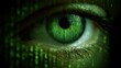 © Johannes - Human eye close-up on green tech background, hacker face and digital data pattern. Concept of cyber security, technology, future, hack, network,
