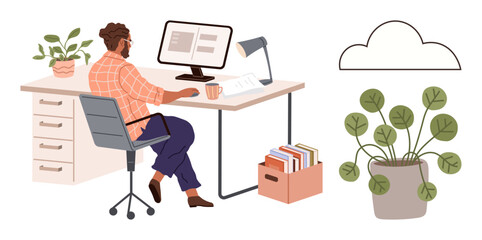 Man working at a computer desk with a coffee mug, plants, books, and cloud icon, representing digital workspace, comfort, and balance. Ideal for technology, productivity sustainability remote work