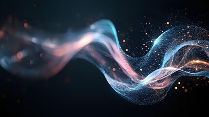 Abstract flowing waves of pink and blue light with glowing particles on dark background create dynamic motion effect for technology and energy designs.