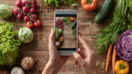 Hand taking a photo of Healthy food with smartphone. Woman using phone mobile apps make digital picture on screen of diet nutrition Vegetarian salad on table, top view