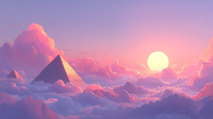 Wall Mural - a pyramid in the clouds with the setting sun in the center