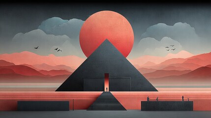 Wall Mural - a person stands before a painted pyramid as birds soar overhead in the sky