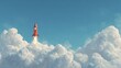 © Johannes - A whimsical rocket launches through fluffy clouds against a serene blue sky, embodying a playful and imaginative atmosphere.