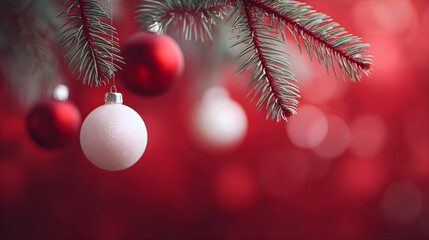 Wall Mural - Christmas tree branch with white and red ornaments. Festive winter decoration for holiday season. New Year celebration background.