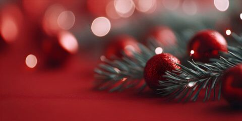 Wall Mural - Christmas red baubles and pine branches on a red background. Holiday decoration with bokeh lights. Festive season greeting card.