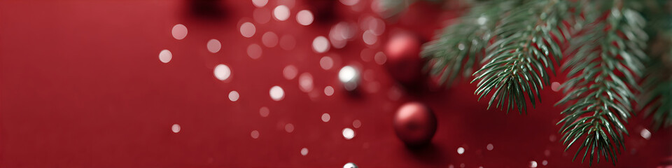 Wall Mural - Christmas tree branch and festive bokeh lights on red background, symbolizing holiday season and winter celebration banner