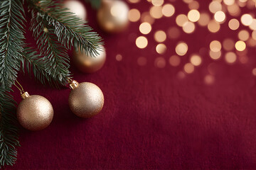 Wall Mural - Golden Christmas ornaments and fir tree branch on a deep red background. Merry Christmas and new year holiday concept.