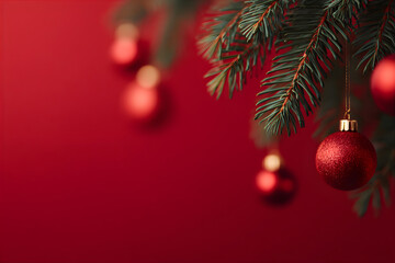 Wall Mural - Sparkling red ornament hanging on a festive Christmas tree branch. Holiday decoration in vibrant color. Winter celebration concept for greeting card.