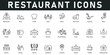 © Clerk - Restaurant Icons vector illustration with thin line editable stroke contains meal, chef, diner, serve, fast food, cooking, menu, waiter, food, open, kitchen, location, award, review, table, take away