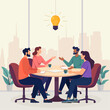 © Iryna Prokopovych  - Flat vector illustration of a diverse business team having a discussion around a round table. People sharing ideas, working with documents and coffee. Modern teamwork, communication, collaboration