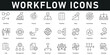 © Clerk - Workflow Icons vector illustration with thin line editable stroke containing schedule, timeline, process, collaboration, flowchart, management, operation, integration, checklist, planning, automation.