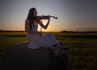 © Антонина Шатревич - Young female with long hair violinist, plays the violin outdoors, on sundown sky background. Romantic music artist real photography