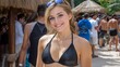 © Ben - Smiling young woman in black bikini enjoying vibrant beach party surrounded by people under the sun on tropical vacation, Generative AI