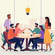 © Iryna Prokopovych  - Flat vector illustration of a diverse business team having a discussion around a round table. People sharing ideas, working with documents and coffee. Modern teamwork, communication, collaboration