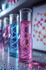 Wall Mural - colorful dna helixes in laboratory beakers with a scientific focus