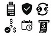 © Shein - Finance and payment solid glyph icons set. Vector collection of pictograms includes POS terminal, secure transaction, currency exchange, split payment, schedule, and invoice.