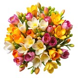 Beautiful bouquet of colorful freesia flowers on white background close up view