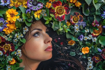 portrait of a beautiful woman with a flower crown, symbolizing harmony with nature and femininity