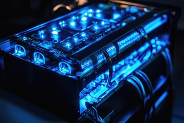 Wall Mural - a close-up of a high-tech computer server's internal components, glowing with vibrant blue led light