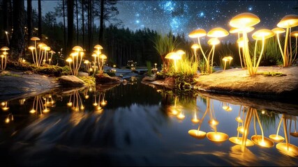 Wall Mural - night forest with glowing mushrooms reflected in the water under the starry sky