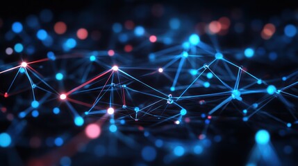 Wall Mural - Glowing blue and red points interconnected by thin lines against a dark bokeh backdrop