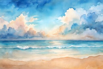  A serene watercolor painting of a tropical beach with gentle waves under a cloudy sky