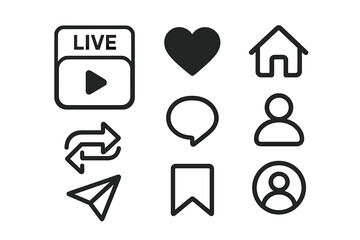 Instagram icon set. Social media UI buttons collection. Simple vector symbols for like, comment, share, save, home, profile, and live stream for web and app design.