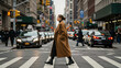 © Creative Listing - Individual in long coat crossing bustling urban street with grace - urban scene