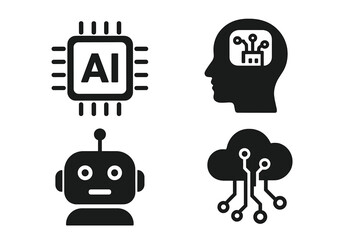 Artificial intelligence solid icon set. AI technology glyph symbols for web and mobile app. Machine learning, neural network, smart robot, cloud computing, algorithm vector pack.