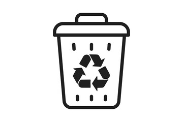 Wall Mural - Minimalist Black Line Art Trash Bin with Recycling Symbol Isolated on Transparent Background. Eco-Friendly Waste Bin Icon. Sustainable Litter Container Outline Vector Illustration. Zero Waste Concept.
