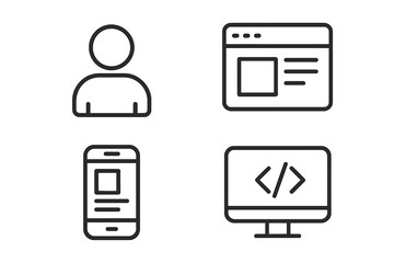 Minimalist Vector Line Icons Set for User Interface and Web Development — 4 Essentials: User Profile, Website Layout, Mobile App Interface, Responsive Web Coding. Basic UI UX Web Design Elements.