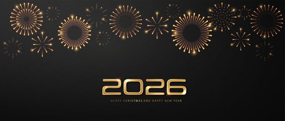 Wall Mural - happy new year 2026 scene with sparkling fireworks in gold. dark elegant night sky backdrop with glo