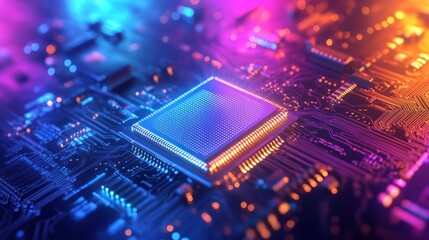 Wall Mural - intricate illuminated circuit board with prominent square central processor chip