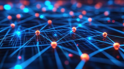 Wall Mural - Abstract network of orange nodes connected by glowing blue lines, with soft bokeh