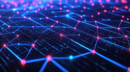 Wall Mural - Abstract glowing network with blue lines and red nodes over a dark background