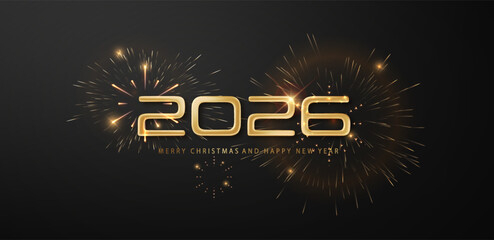 Wall Mural - golden fireworks burst 2026 numbers on dark background. happy new year celebration night. vector fes