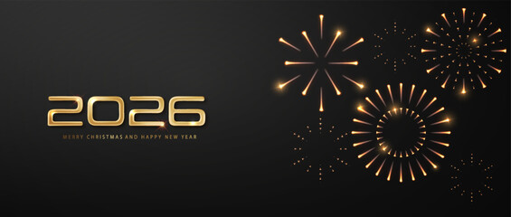 Wall Mural - new year 2026 celebration background with golden fireworks and glowing numbers on dark night sky. fe