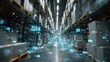© Harry - Futuristic warehouse automation with glowing digital information overlays for inventory management and optimized logistics for future technology.
