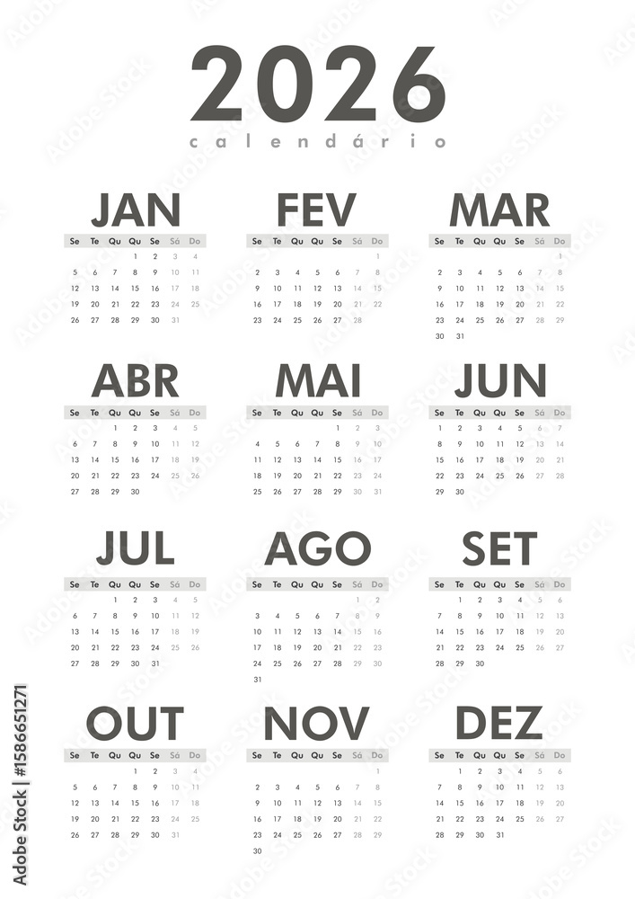 Black and white minimalist 2026 A4 vertial Portuguese calendar, monthly ...